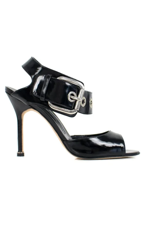 Black patent leather open high-heel pump with silver over-sized buckle detail