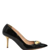 Black patent leather pointed-toe mixed-metal pebble pumps
