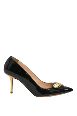 Black patent leather pointed-toe mixed-metal pebble pumps