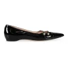 Black patent leather pointed toe double strap Aneta flat pumps with GG buttons at vamps
