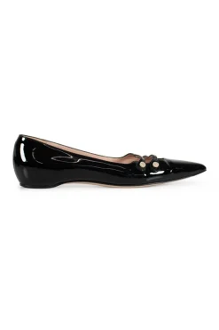 Black patent leather pointed toe double strap Aneta flat pumps with GG buttons at vamps