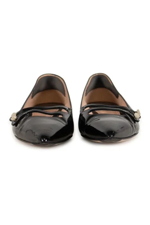 Black patent leather pointed toe double strap Aneta flat pumps with GG buttons at vamps