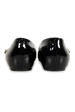 Black patent leather pointed toe double strap Aneta flat pumps with GG buttons at vamps