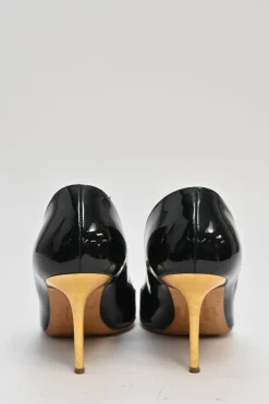 Black patent leather pointed-toe mixed-metal pebble pumps