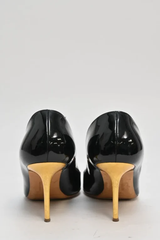 Black patent leather pointed-toe mixed-metal pebble pumps