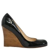 Black patent leather round-toe wedge pumps