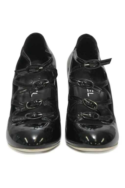 Black patent leather round-toe sculpted Mary Jane pumps