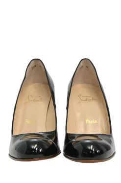 Black patent leather round-toe wedge pumps