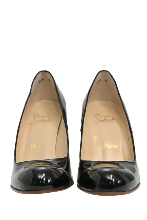 Black patent leather round-toe wedge pumps