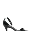 Black patent leather square-toe kitten heel sandals with buckle strap fastening