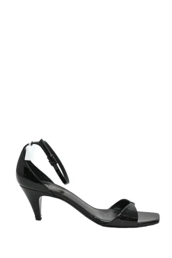 Black patent leather square-toe kitten heel sandals with buckle strap fastening