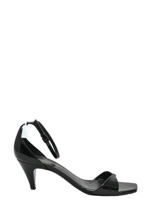 Black patent leather square-toe kitten heel sandals with buckle strap fastening