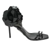 Black patent leather square-toe Amber heeled flower sandals with double mignon and buckle straps