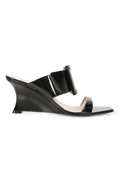Black patent leather square toe Viv' In The City buckle wedge slip-on sandals