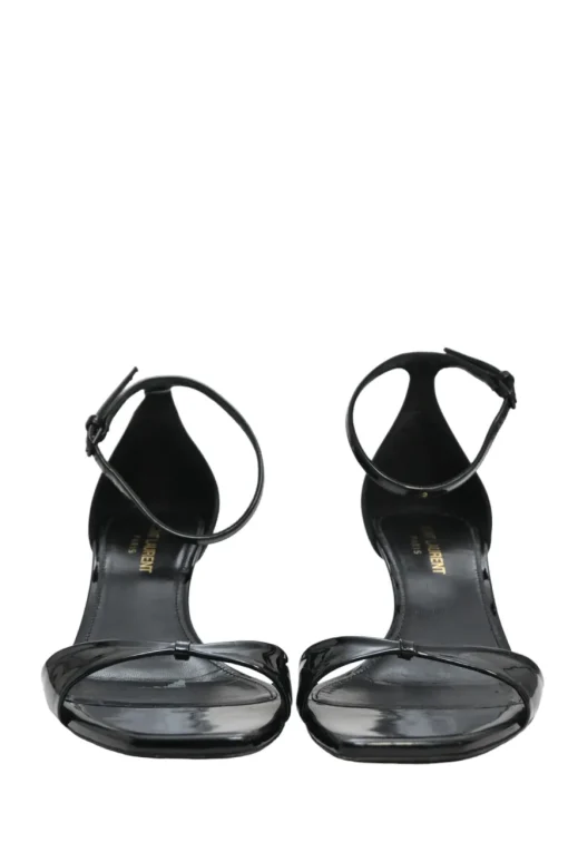 Black patent leather square-toe kitten heel sandals with buckle strap fastening