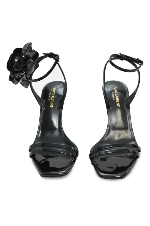 Black patent leather square-toe Amber heeled flower sandals with double mignon and buckle straps