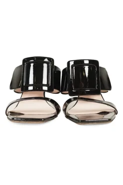 Black patent leather square toe Viv' In The City buckle wedge slip-on sandals