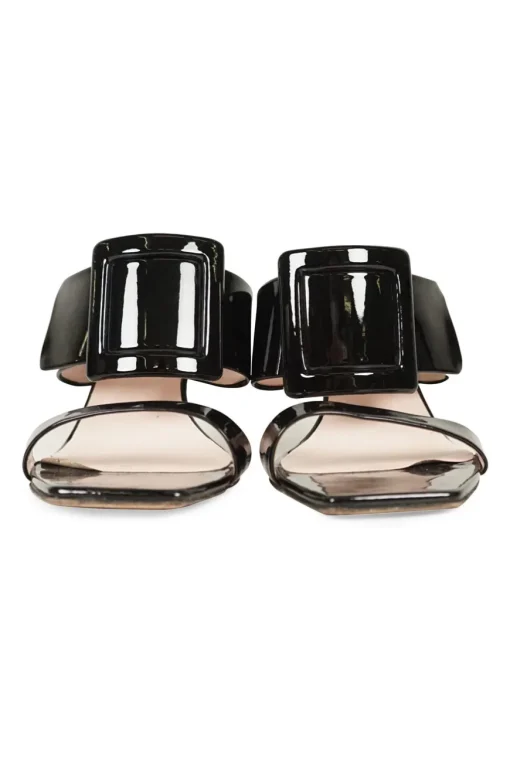 Black patent leather square toe Viv' In The City buckle wedge slip-on sandals