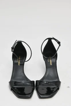 Black patent leather square-toe kitten heel sandals with buckle strap fastening