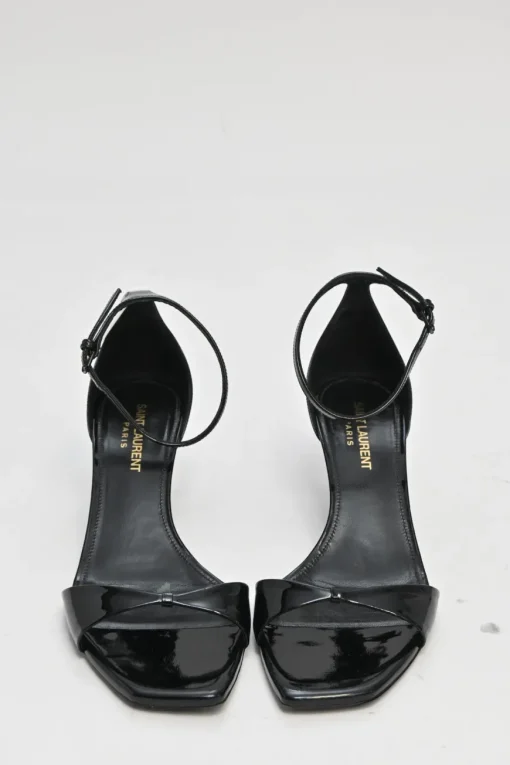 Black patent leather square-toe kitten heel sandals with buckle strap fastening