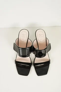 Black patent leather square toe Viv' In The City buckle wedge slip-on sandals