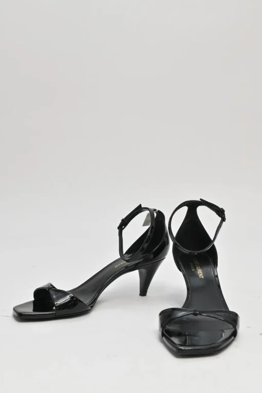 Black patent leather square-toe kitten heel sandals with buckle strap fastening