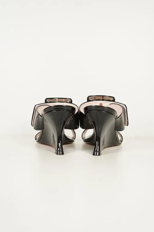 Black patent leather square toe Viv' In The City buckle wedge slip-on sandals