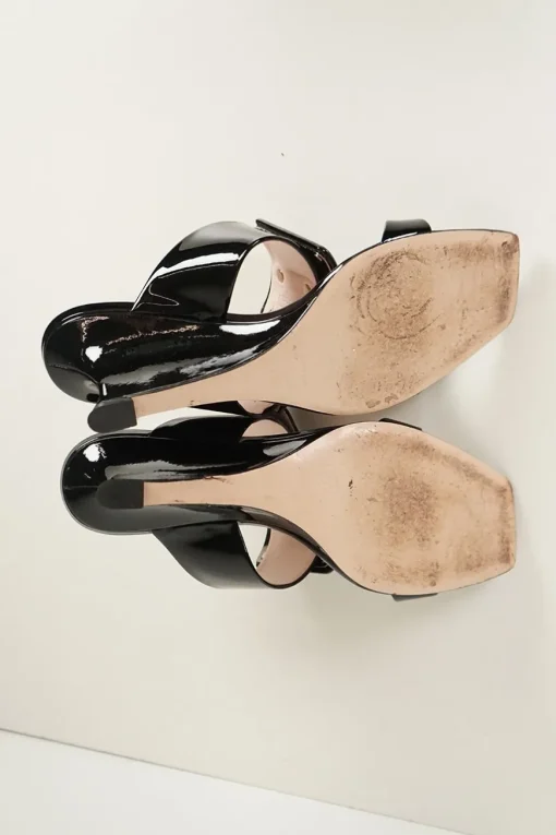 Black patent leather square toe Viv' In The City buckle wedge slip-on sandals