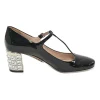 Black patent leather T-strap Mary Jane block heel pumps with crystal-embellished heel