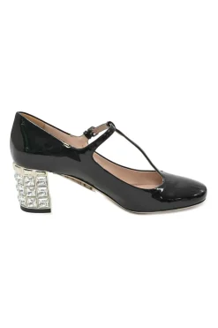 Black patent leather T-strap Mary Jane block heel pumps with crystal-embellished heel