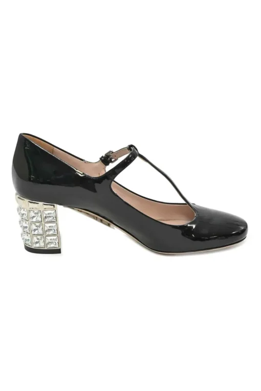 Black patent leather T-strap Mary Jane block heel pumps with crystal-embellished heel