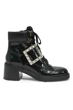 Black patent leather Viv' Rangers Strass crystal encrusted buckle lace-up chunky mid-heel ankle boots with zip fastening