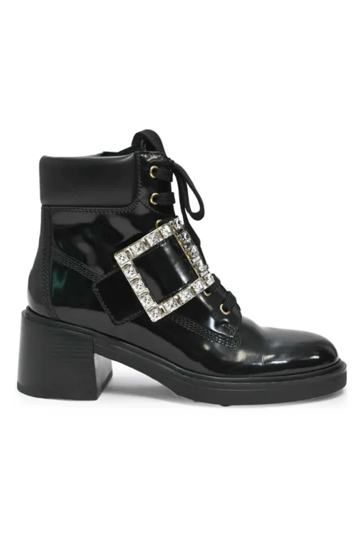 Black patent leather Viv' Rangers Strass crystal encrusted buckle lace-up chunky mid-heel ankle boots with zip fastening