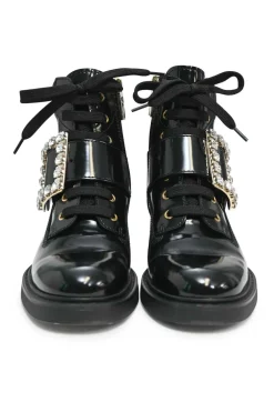 Black patent leather Viv' Rangers Strass crystal encrusted buckle lace-up chunky mid-heel ankle boots with zip fastening