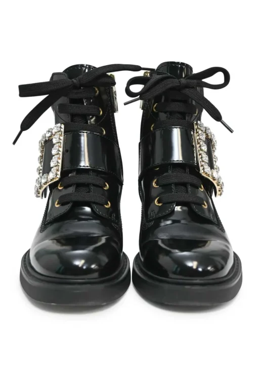 Black patent leather Viv' Rangers Strass crystal encrusted buckle lace-up chunky mid-heel ankle boots with zip fastening