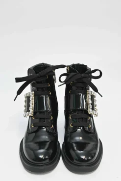 Black patent leather Viv' Rangers Strass crystal encrusted buckle lace-up chunky mid-heel ankle boots with zip fastening