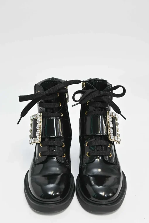 Black patent leather Viv' Rangers Strass crystal encrusted buckle lace-up chunky mid-heel ankle boots with zip fastening