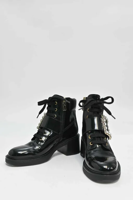 Black patent leather Viv' Rangers Strass crystal encrusted buckle lace-up chunky mid-heel ankle boots with zip fastening
