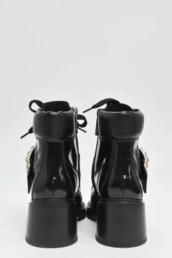 Black patent leather Viv' Rangers Strass crystal encrusted buckle lace-up chunky mid-heel ankle boots with zip fastening