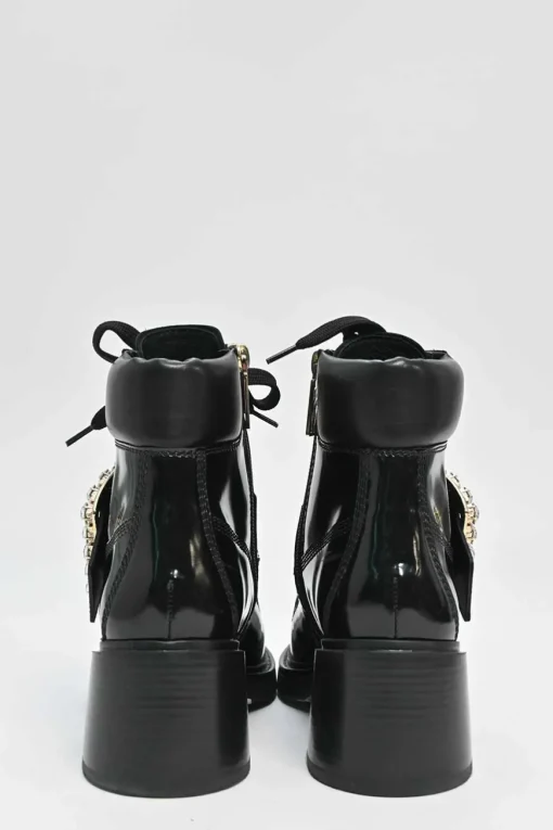 Black patent leather Viv' Rangers Strass crystal encrusted buckle lace-up chunky mid-heel ankle boots with zip fastening