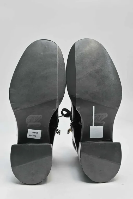 Black patent leather Viv' Rangers Strass crystal encrusted buckle lace-up chunky mid-heel ankle boots with zip fastening