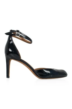 Black patent pointed toe heels with double buckled ankle straps
