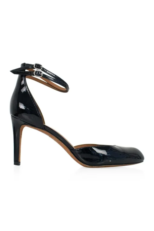 Black patent pointed toe heels with double buckled ankle straps
