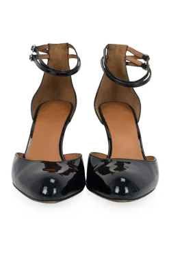Black patent pointed toe heels with double buckled ankle straps