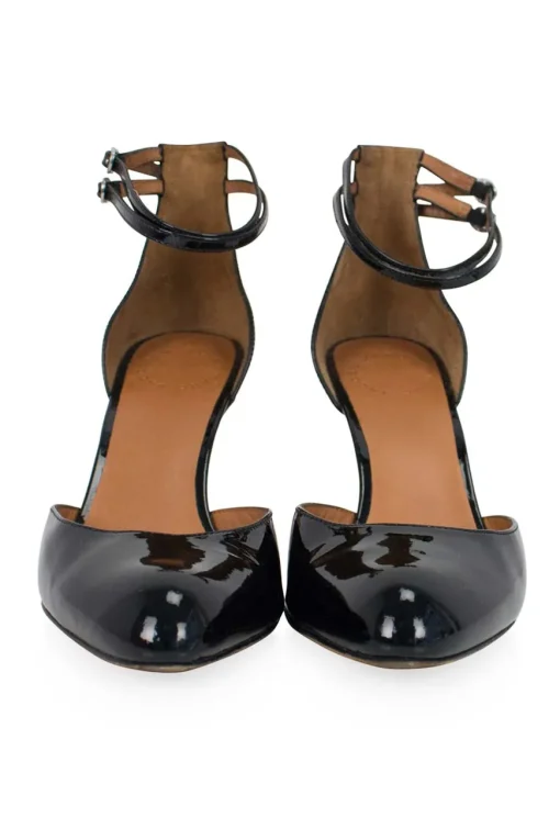 Black patent pointed toe heels with double buckled ankle straps