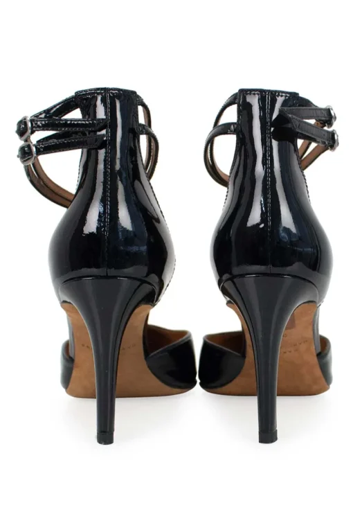 Black patent pointed toe heels with double buckled ankle straps