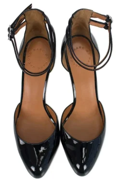 Black patent pointed toe heels with double buckled ankle straps