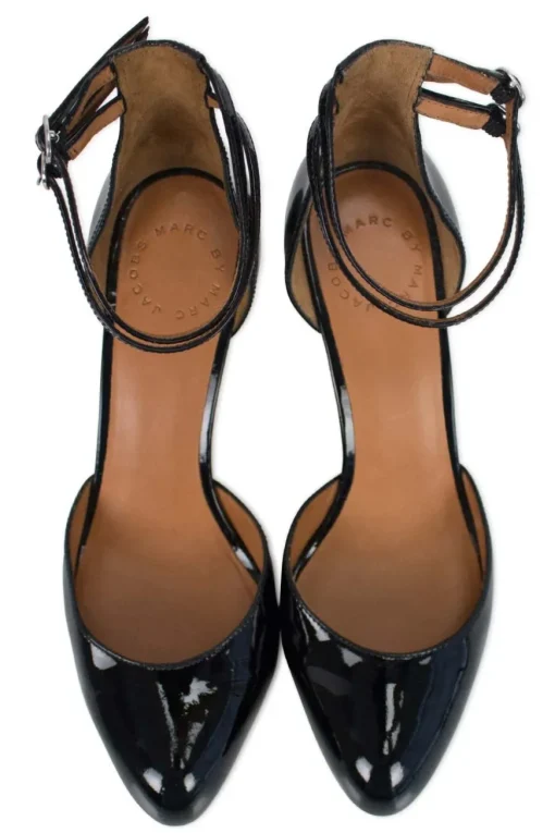 Black patent pointed toe heels with double buckled ankle straps