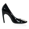 Black patent round toe pump with silver-tone signature square buckle