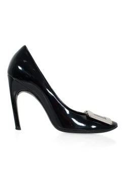 Black patent round toe pump with silver-tone signature square buckle